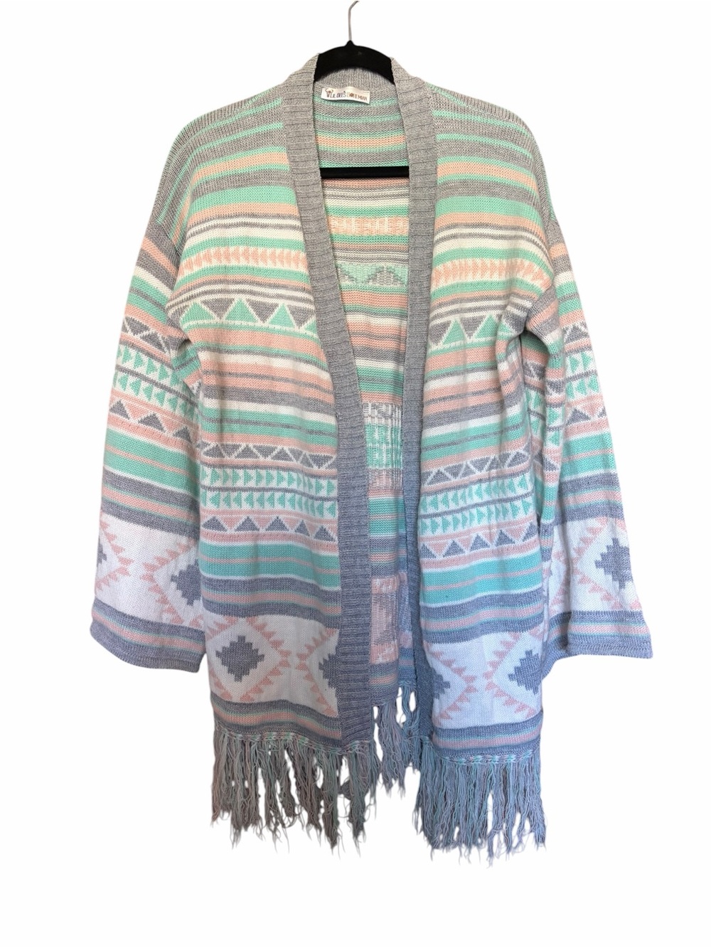 Boho Pastel Aztec Fringe Open-Front Cardigan - Mint & Gray